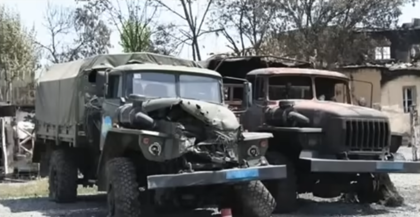 Уничтоженная грузинской артиллерией российская военная техника в лагере мироворцев, 8 августа 2008